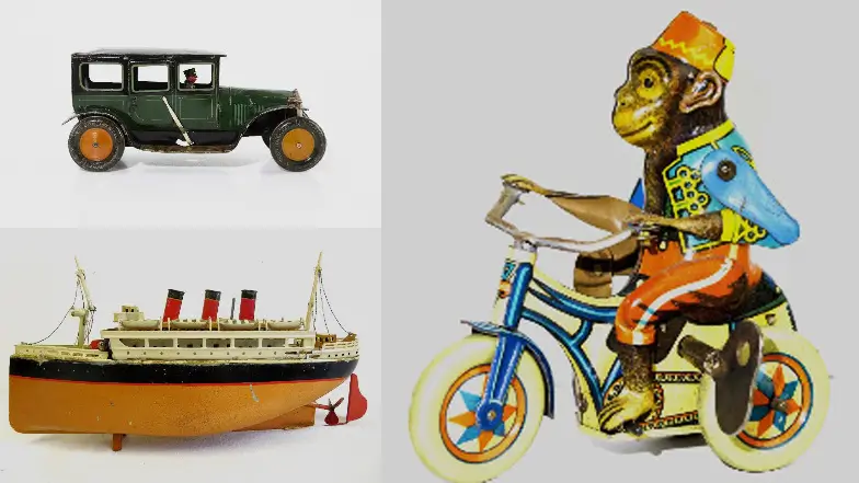 Blechspielzeug: Auto, Schiff, Affe